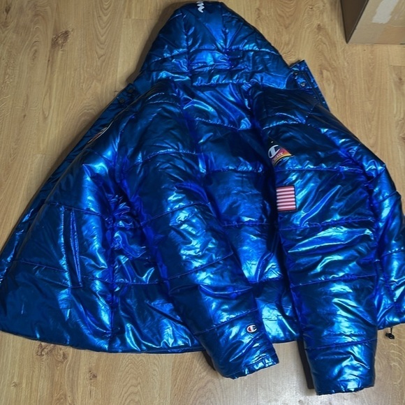 Champion Sz L NASA USA Metallic Blue Hooded Puffer Jacket Limited Edition - Picture 15 of 15